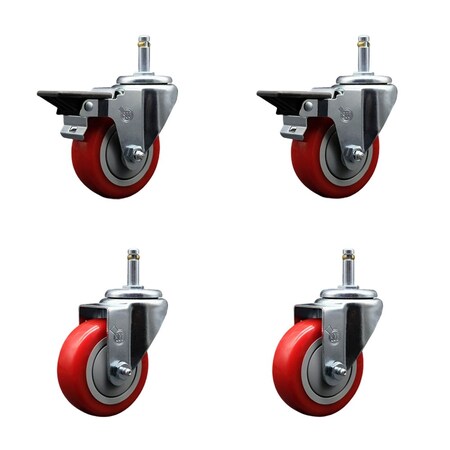 Service Caster 3.5'' Red Poly Wheel Swivel 7/16'' Grip Ring Stem Caster Set 2 Brakes, 4PK GR20S3514-PPUB-RED-PLB-716138-2-S-2
